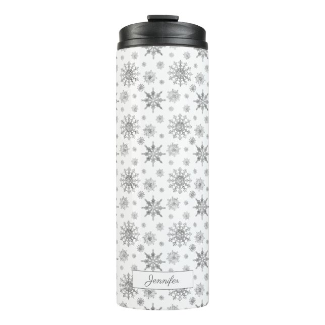 Silver Gray Snowflakes Pattern & Custom Name Thermal Tumbler (Front)