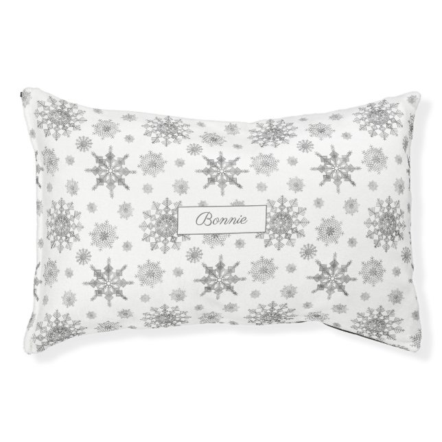 Silver Gray Snowflakes Pattern & Custom Pet Name Bed (Front)