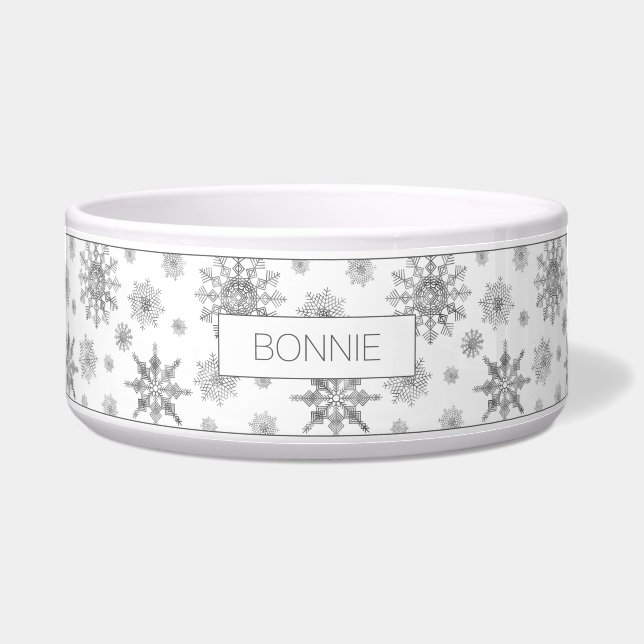 Silver Gray Snowflakes Pattern & Custom Pet Name Bowl (Front)
