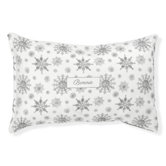 Silver Gray Snowflakes Pattern &amp; Custom Pet Name Pet Bed