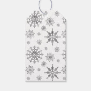 Silver Gray Snowflakes Pattern & Custom Text Gift Tags