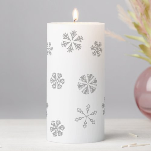 Silver Gray Snowflakes Pattern Pillar Candle