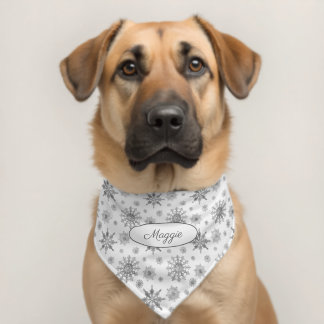 Silver Gray Snowflakes Pattern With Custom Name Pet Bandana Collar