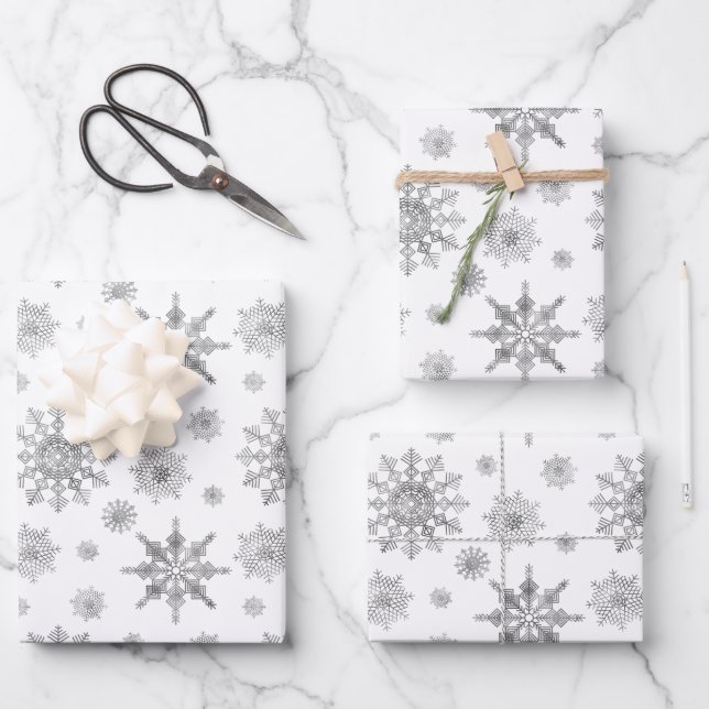 Silver Gray Snowflakes Pattern Wrapping Paper Sheets (Front)