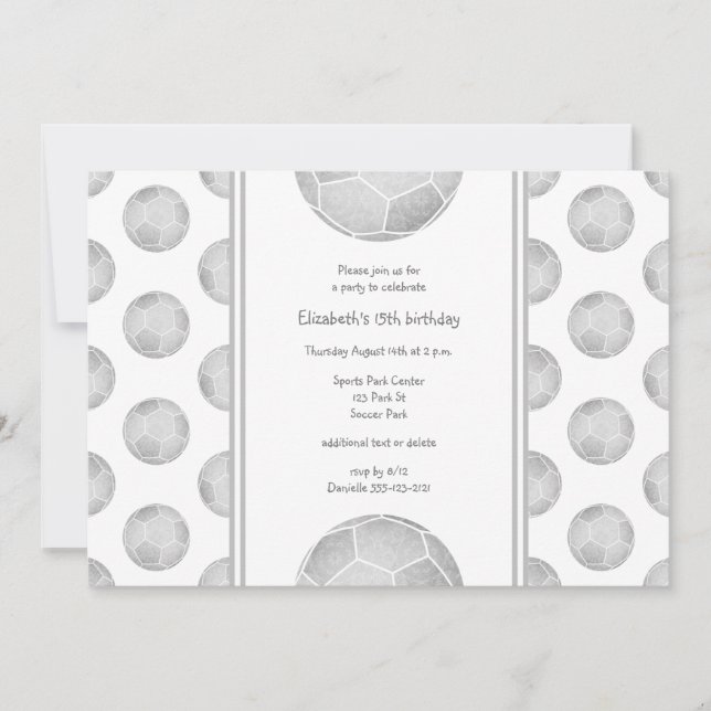 silver gray soccer balls pattern sports party invitation (Front)