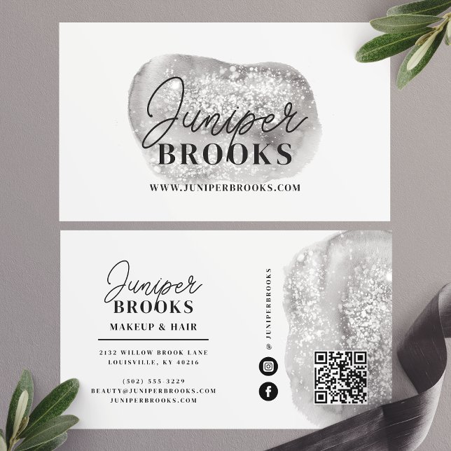 Silver Gray Social Media QR Code Glitter Business Card (Creator Uploaded)