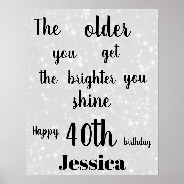 Silver Gray sparkle 40th Birthday Name Poster (Front)