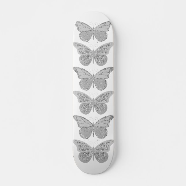 Silver Gray Sparkle Butterflies Skateboard (Front)