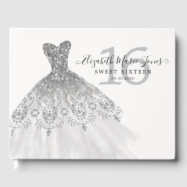 Silver Gray Sparkle Glitter Dress 16th Birthday Guest Book (Front)
