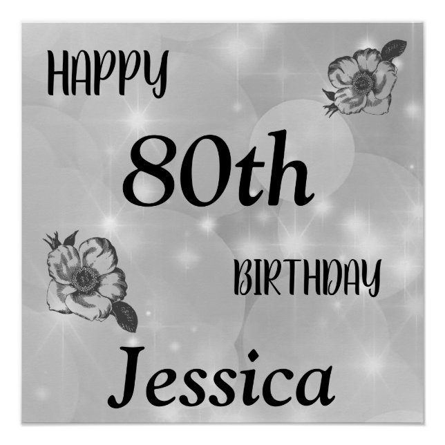 Silver gray sparkle Happy 80th Birthday Poster (Front)