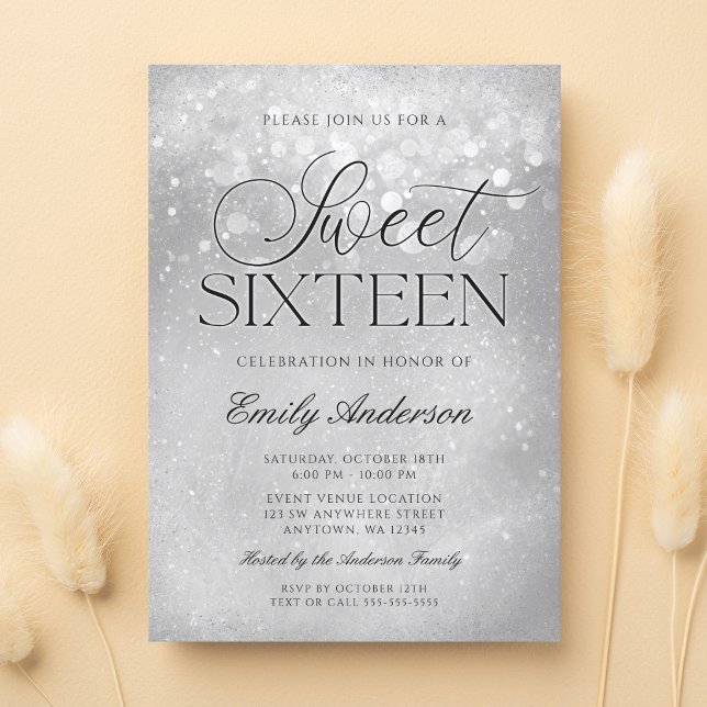 Silver Gray Sparkle Sweet 16 Invitation
