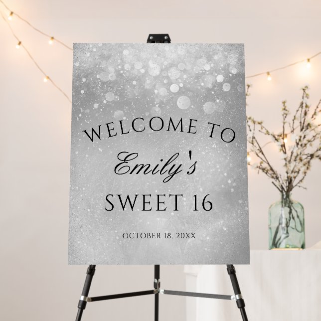 Silver Gray Sparkle Sweet 16 Welcome Foam Board (In Situ (Stand))