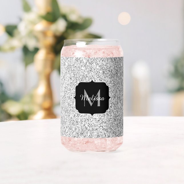 Silver gray sparkles girly bling Custom Monogram Can Glass (Insitu (Wedding))