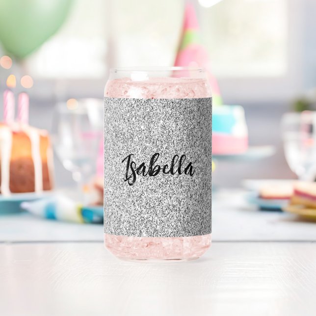Silver gray sparkles girly bling Custom Name Can Glass (Insitu (Birthday))
