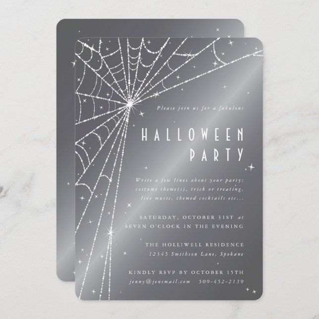 Silver-Gray Sparkling Spider Web Halloween Party Invitation (Front/Back)