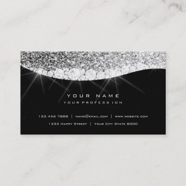 Silver Gray Sparkly Diamond Glitter Glam Black Business Card (Front)