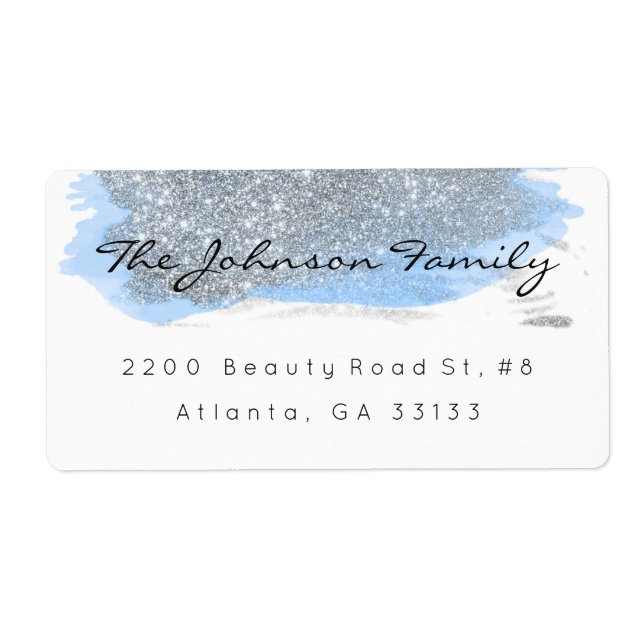Silver Gray Sparkly Glitter Blue Brush Stroke Label (Front)