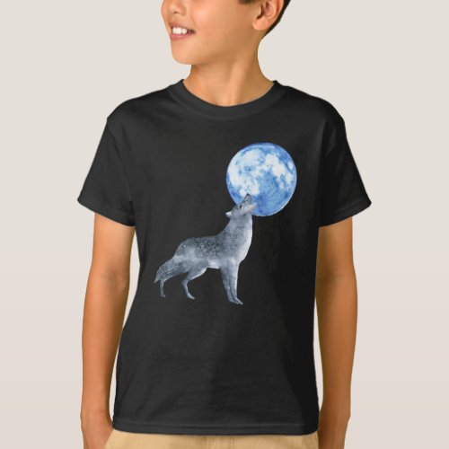Silver Gray Spirit Wolf Howling at Blue Moon T_Shirt