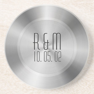 Silver Gray Stainless Steel 2 Look Monogram Drink Coaster