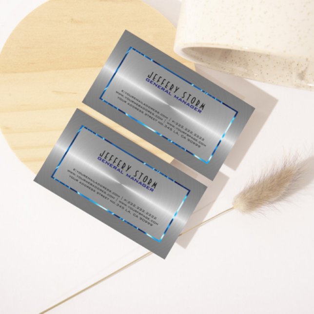 Silver Gray Stainless Steel Look Blue Accents Business Card (Creator Uploaded)