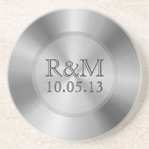 Silver Gray Stainless Steel Look Monogram Coaster