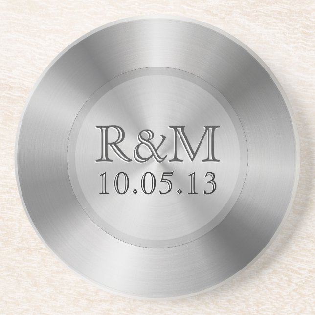 Silver Gray Stainless Steel Look Monogram Coaster (Front)