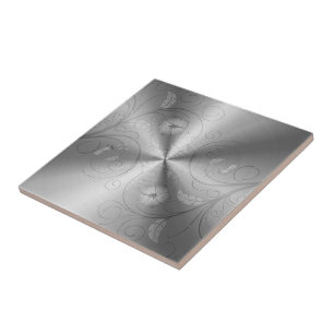 Silver Gray Stainless Steel With Floral Design Ceramic Tile