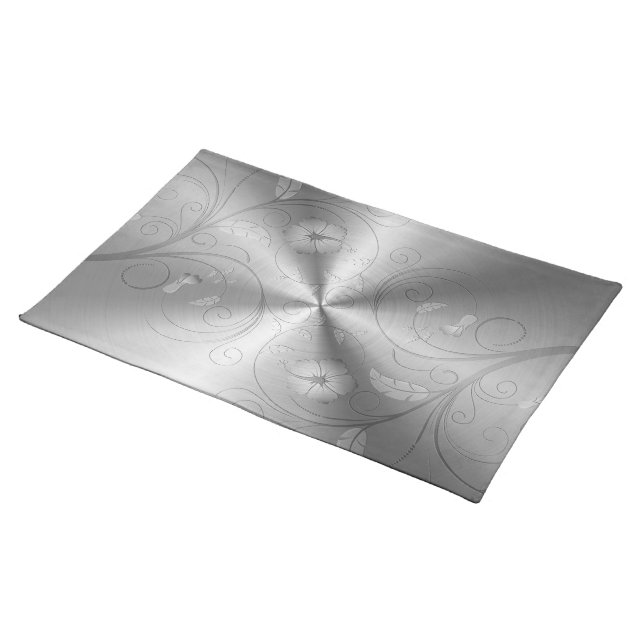 Silver Gray Stainless Steel With Floral Design Cloth Placemat (On Table)