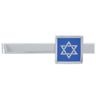 Silver Gray Star of David on Blue Silver Finish Tie Clip