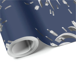 Silver Gray Stars Fireworks Elegant Blue Christmas Wrapping Paper