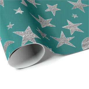 Silver Gray Stars Moon Sky Metallic Greenly Teal Wrapping Paper