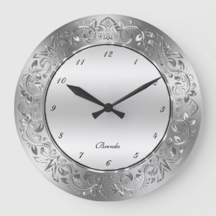 Silver-gray swirly floral frame large clock