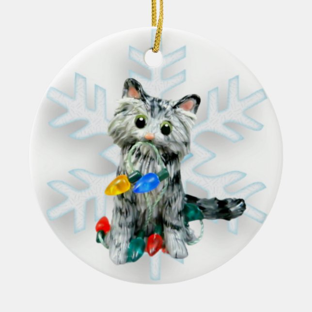 Silver Gray Tabby Angora Cat Christmas Ornament (Front)