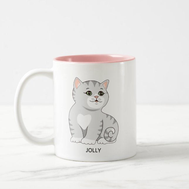 Silver Gray Tabby Kitty Cat & Personalized Text Tw Two-Tone Coffee Mug (Left)