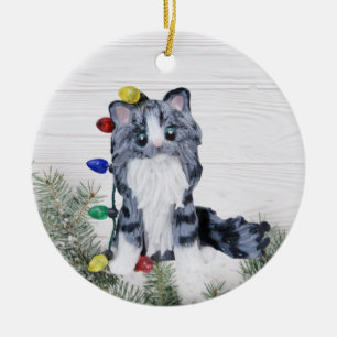 Silver Gray Tabby Maine Coon Cat Ornament