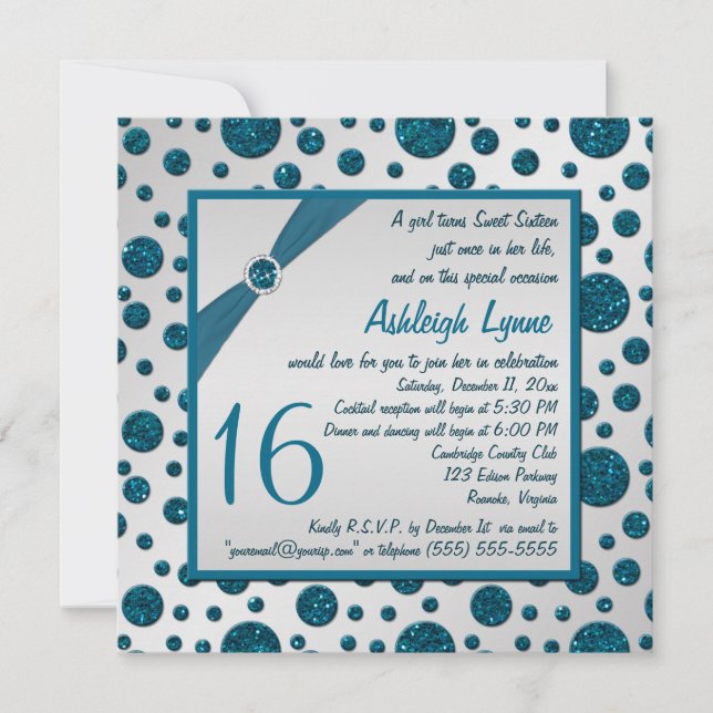 Silver Gray, Teal FAUX Glitter Polka Dot Sweet 16 Invitation (Front)