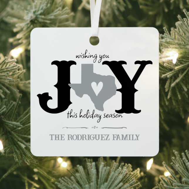 Silver Gray Texas JOY Photo Holiday Metal Ornament (Insitu)