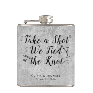 Silver Gray Tied the Knot Take Shot Wedding Favor Flask