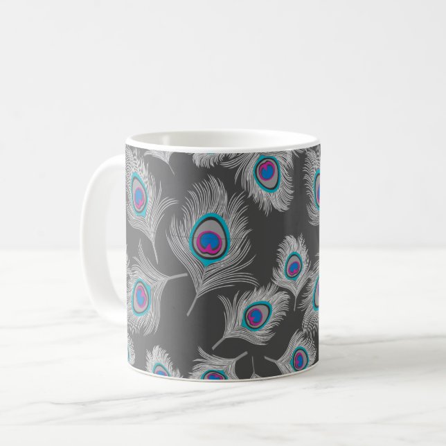 Silver Gray & Turquoise Peacock Feather Coffee Mug (Front Left)