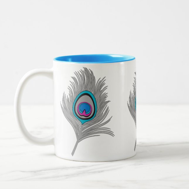 Silver Gray & Turquoise Peacock Feather Two-Tone Coffee Mug (Left)
