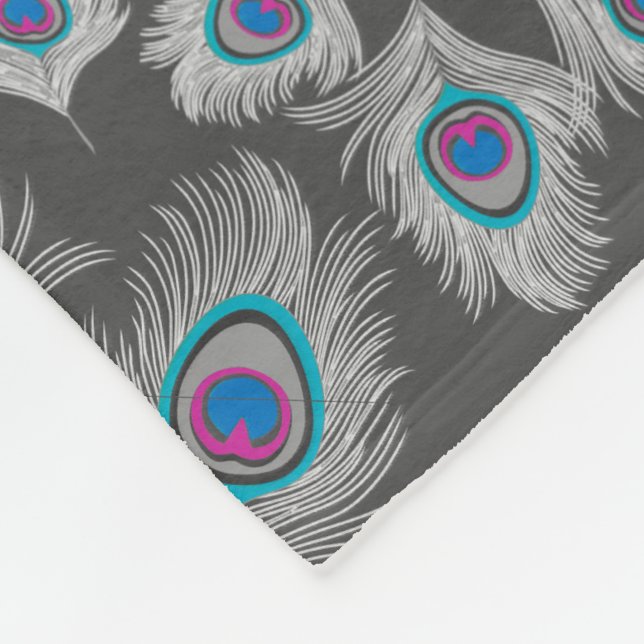 Silver Gray & Turquoise Peacock Feathers Fleece Blanket (Corner)