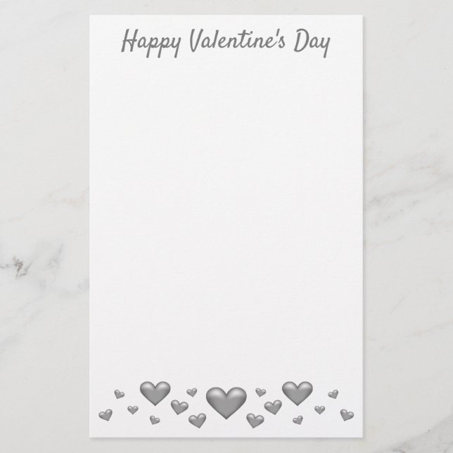 Silver Gray Valentine's Day Hearts & Custom Text Stationery (Front)