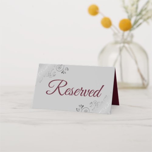 Silver Gray w Burgundy Elegant Wedding Reserved Place Card