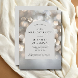 Silver Gray Watercolor Bokeh Arch 50th Birthday Invitation