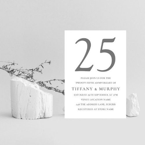 Silver Gray  White 25th Wedding Anniversary Invitation