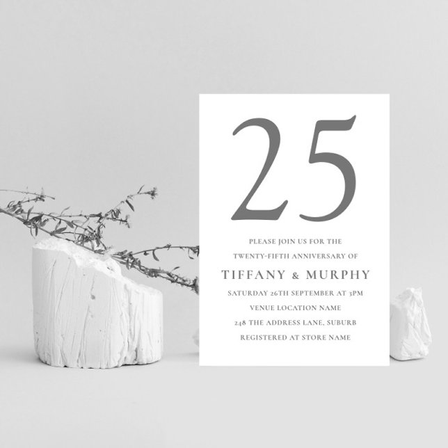 Silver Gray & White 25th Wedding Anniversary Invitation (Creator Uploaded)