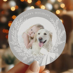 Silver Gray & White Christmas Wreath Photo Classic Round Sticker<br><div class="desc">Holiday photo sticker with a simple Christmas wreath. For more advanced customization of this design,  please click the DESIGN TOOL BUTTON above!</div>