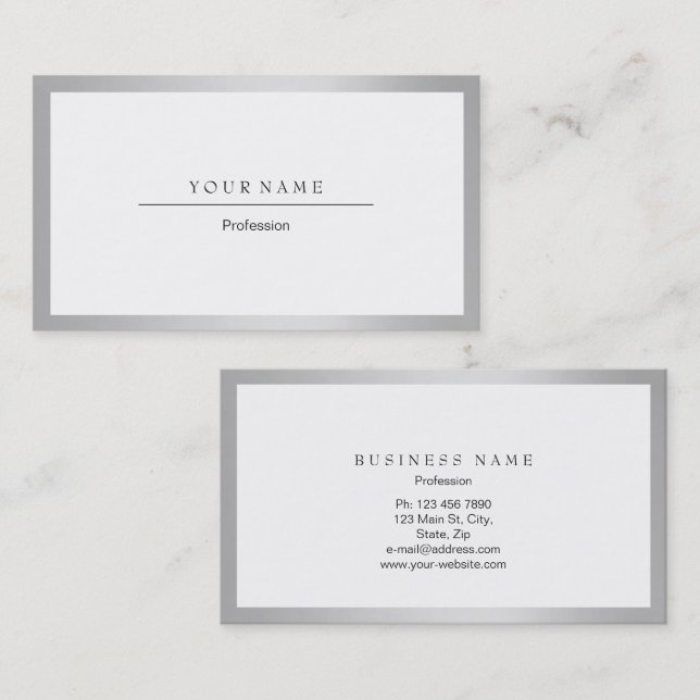 Silver Gray White Frame Minimal Metallic Event Pla Business Card (Front/Back)
