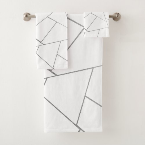 Silver Gray White Geometric Glam 1 Faux Foil  Bath Towel Set