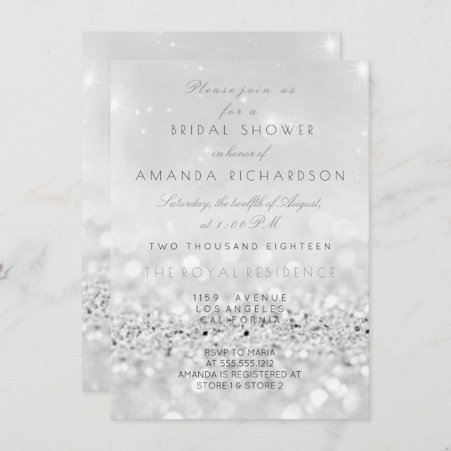 Silver Gray White Glitter Bridal Shower Invitation (Front/Back)